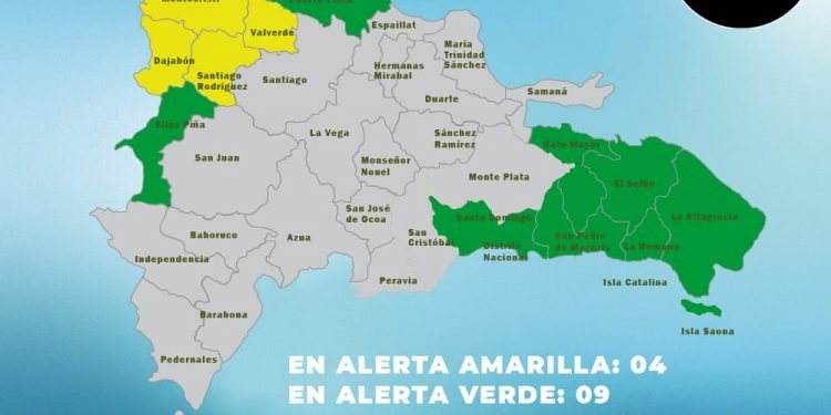 COE mantiene cuatro provincias en alerta amarilla y aumenta a nueve en verde, incluyendo el Distrito Nacional